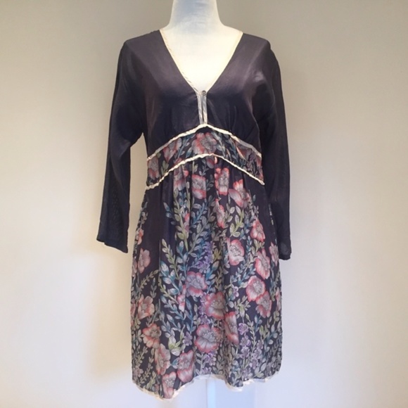 Johnny Was Dress 100% Silk Floral Mini Navy Blue XS - Picture 10 of 16